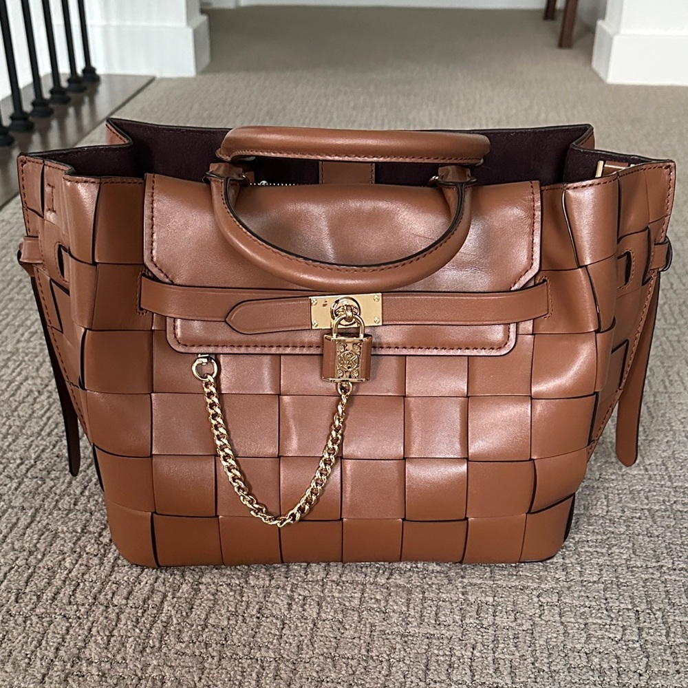 Michael Kors Woven Leather Satchel in Cognac Brown with Gold Hardware - Picture 4 of 12